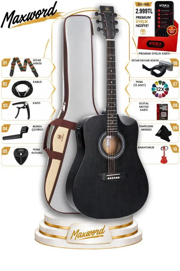Maxword Luxury HCR-450BK-EQ Half Cutaway Elektro Akustik Gitar Seti Siyah