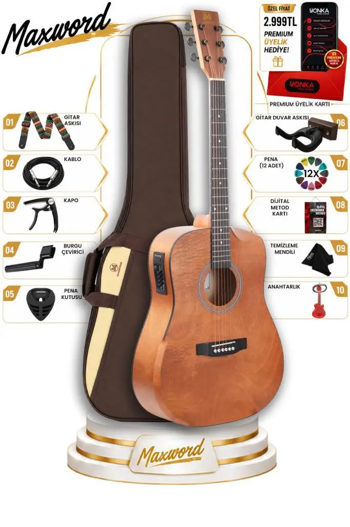 Maxword Luxury HCR-450NT-EQ Half Cutaway Elektro Akustik Gitar Seti Natural