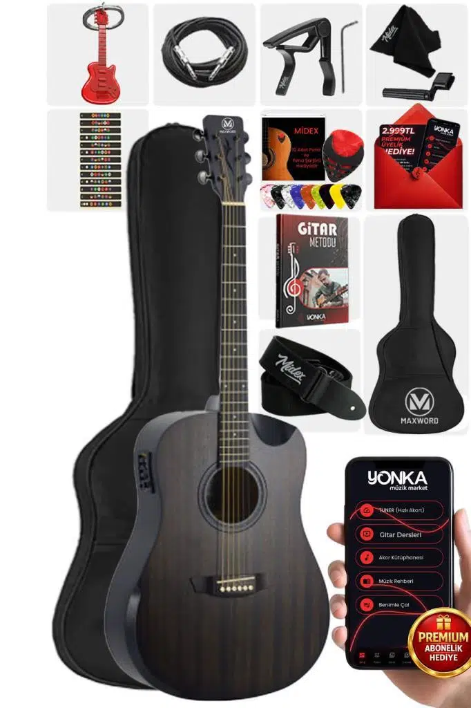 Maxword Luxury HCR-560BK-EQ Half Cutaway Elektro Akustik Gitar Seti
