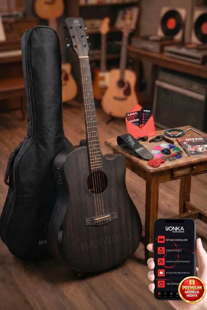 Maxword Luxury HCR-560BK-EQ Half Cutaway Elektro Akustik Gitar Seti Maxword Luxury HCR-560BK-EQ Half Cutaway Elektro Akustik Gitar Seti