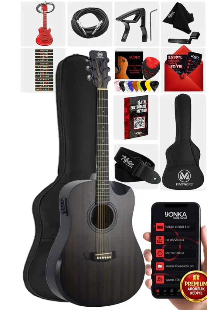 Maxword Luxury HCR-560BK-EQ Half Cutaway Elektro Akustik Gitar Seti Maxword Luxury HCR-560BK-EQ Half Cutaway Elektro Akustik Gitar Seti