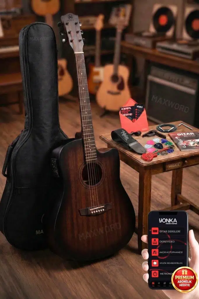 Maxword Luxury HCR-560BRW-EQ Half Cutaway Elektro Akustik Gitar Seti Maxword Luxury HCR-560BRW-EQ Half Cutaway Elektro Akustik Gitar Seti