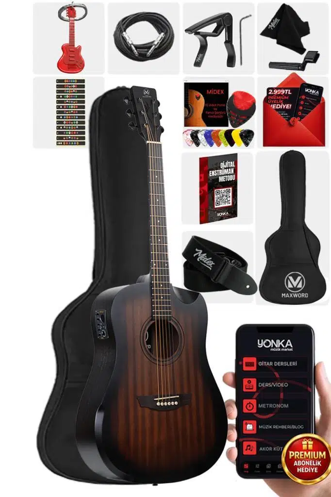 Maxword Luxury HCR-560BRW-EQ Half Cutaway Elektro Akustik Gitar Seti Maxword Luxury HCR-560BRW-EQ Half Cutaway Elektro Akustik Gitar Seti