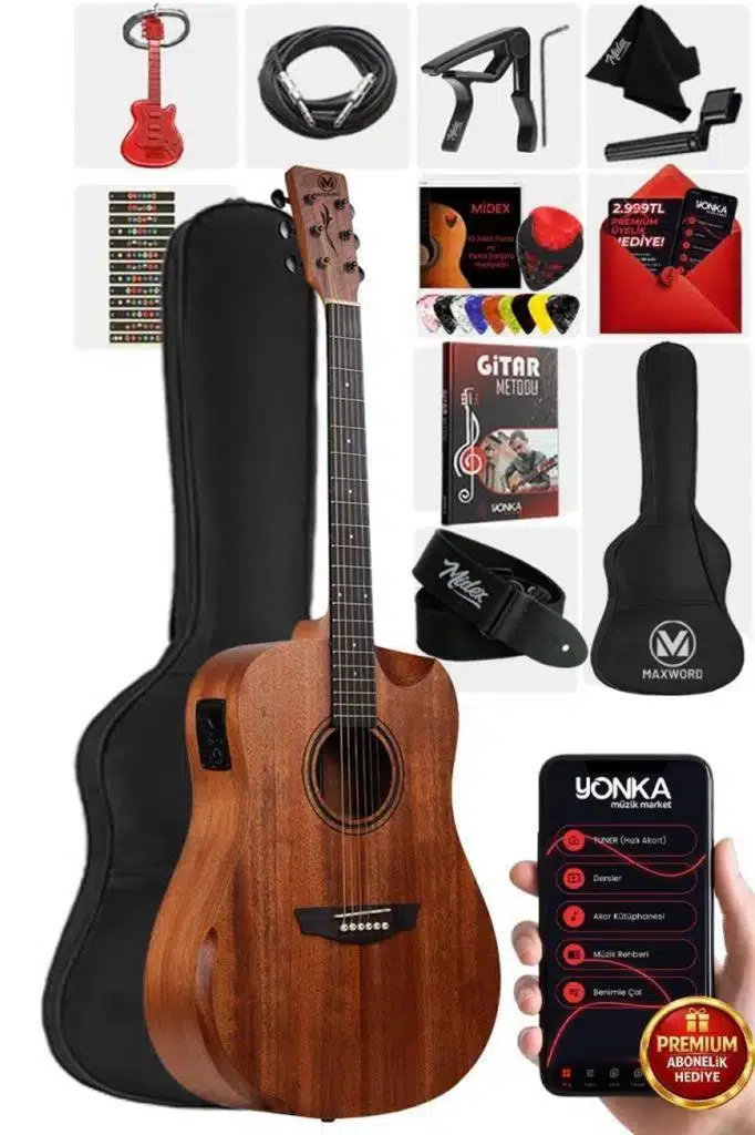 Maxword Luxury HCR-560NT-EQ Half Cutaway Elektro Akustik Gitar Seti