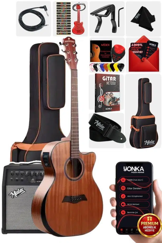 Maxword M450-EQ-50AMP Masif Ağaç 50W Amfili Elektro Akustik Gitar Seti üst Segment