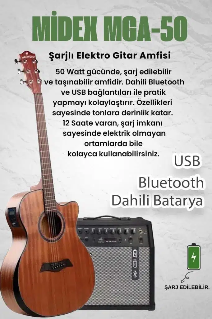 Maxword M450-EQ-50AMP Masif Ağaç 50W Amfili Elektro Akustik Gitar Seti üst Segment