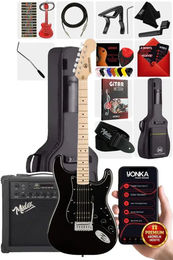 Maxword MAP-35BK-25AMP Maple Klavye SSH 25W Amfili Elektro Gitar Seti