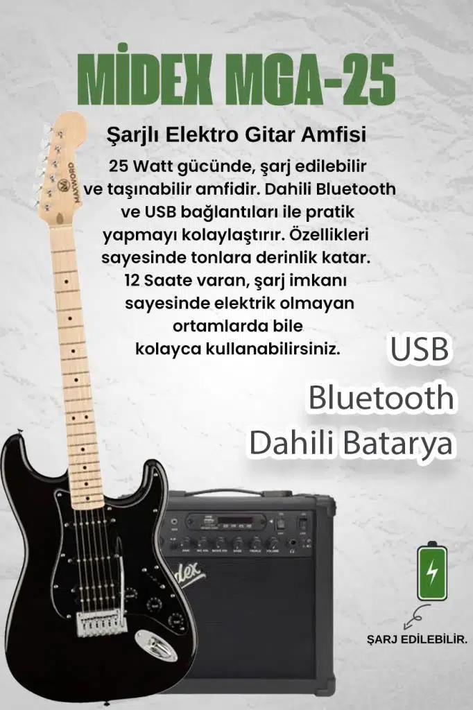 Maxword MAP-35BK-25AMP Maple Klavye SSH 25W Amfili Elektro Gitar Seti