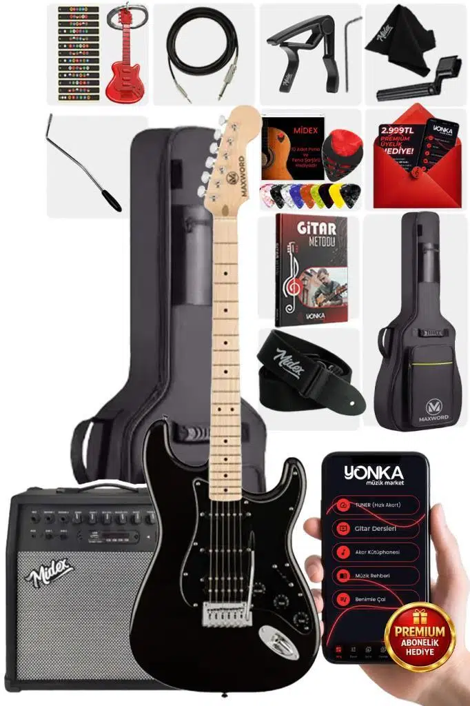 Maxword MAP-35BK-50AMP Maple Klavye SSH 50W Amfili Elektro Gitar Seti