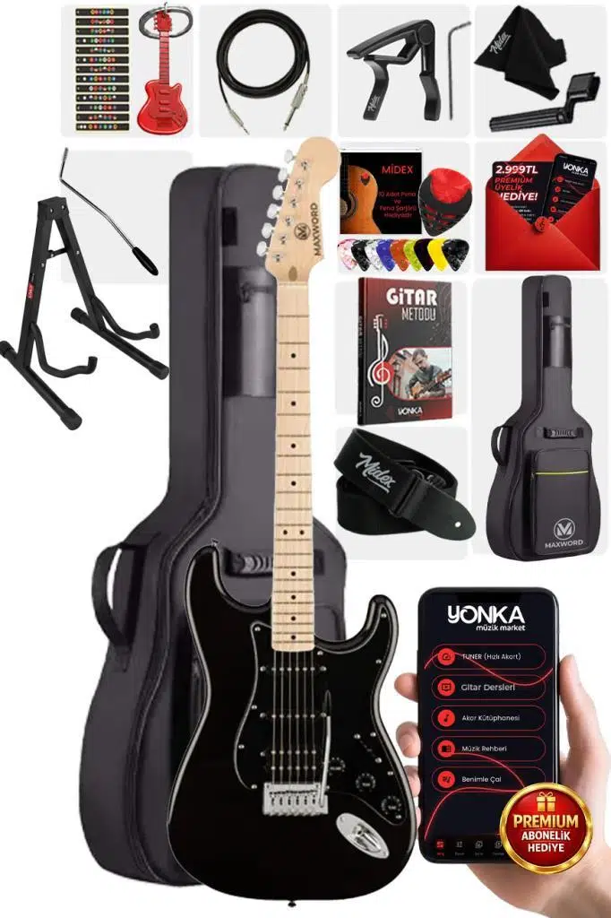 Maxword MAP-35BK-ST Maple Klavye SSH Profesyonel Elektro Gitar Seti