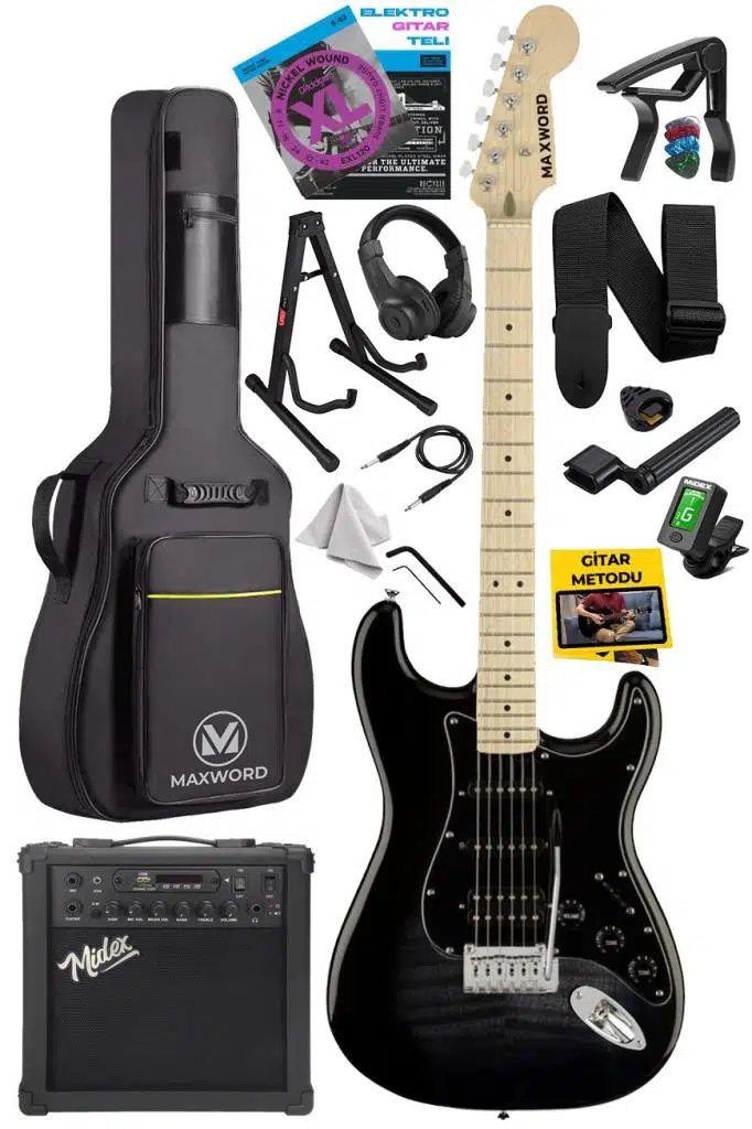 Maxword MAP-45BK-25AMP 25W Şarjlı BT Amfili Siyah Elektro Gitar Seti HSS Manyetik Maple Klavye Strat Kasa Maxword MAP-45BK-25AMP 25W Şarjlı BT Amfili Siyah Elektro Gitar Seti HSS Manyetik Maple Klavye Strat Kasa