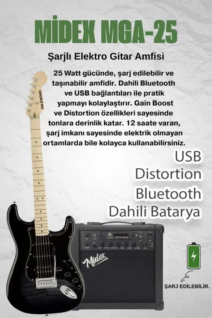 Maxword MAP-45BK-25AMP 25W Şarjlı BT Amfili Siyah Elektro Gitar Seti HSS Manyetik Maple Klavye Strat Kasa Maxword MAP-45BK-25AMP 25W Şarjlı BT Amfili Siyah Elektro Gitar Seti HSS Manyetik Maple Klavye Strat Kasa