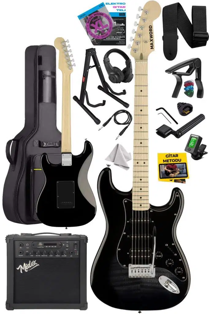 Maxword MAP-45BK-25AMP 25W Şarjlı BT Amfili Siyah Elektro Gitar Seti HSS Manyetik Maple Klavye Strat Kasa Maxword MAP-45BK-25AMP 25W Şarjlı BT Amfili Siyah Elektro Gitar Seti HSS Manyetik Maple Klavye Strat Kasa