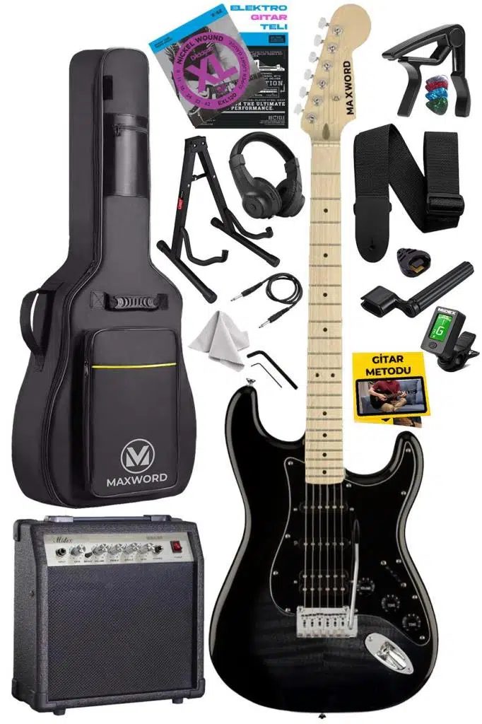 Maxword MAP-45BK-30AMP 30W BT Amfili Siyah Elektro Gitar Seti HSS Manyetik Maple Klavye Strat Kasa Maxword MAP-45BK-30AMP 30W BT Amfili Siyah Elektro Gitar Seti HSS Manyetik Maple Klavye Strat Kasa