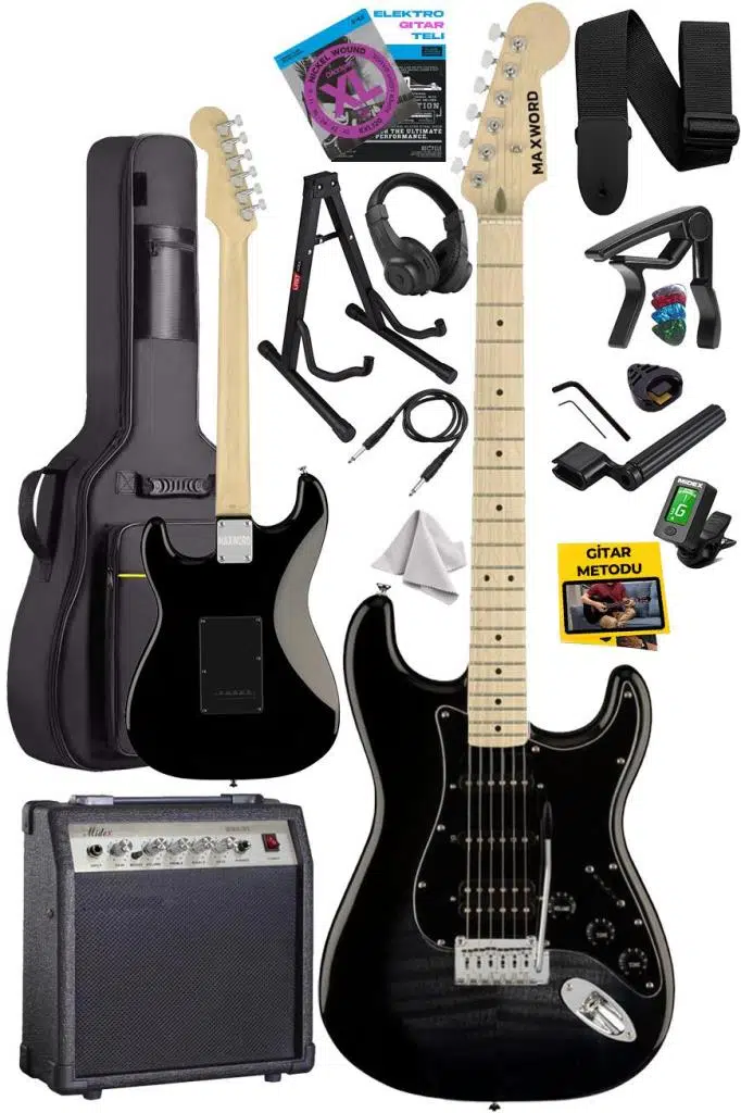 Maxword MAP-45BK-30AMP 30W BT Amfili Siyah Elektro Gitar Seti HSS Manyetik Maple Klavye Strat Kasa Maxword MAP-45BK-30AMP 30W BT Amfili Siyah Elektro Gitar Seti HSS Manyetik Maple Klavye Strat Kasa