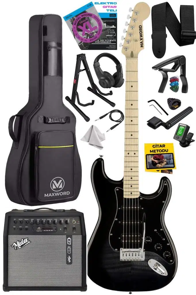 Maxword MAP-45BK-50AMP 50W Şarjlı BT Amfili Siyah Elektro Gitar Seti HSS Manyetik Maple Klavye Strat Kasa Maxword MAP-45BK-50AMP 50W Şarjlı BT Amfili Siyah Elektro Gitar Seti HSS Manyetik Maple Klavye Strat Kasa