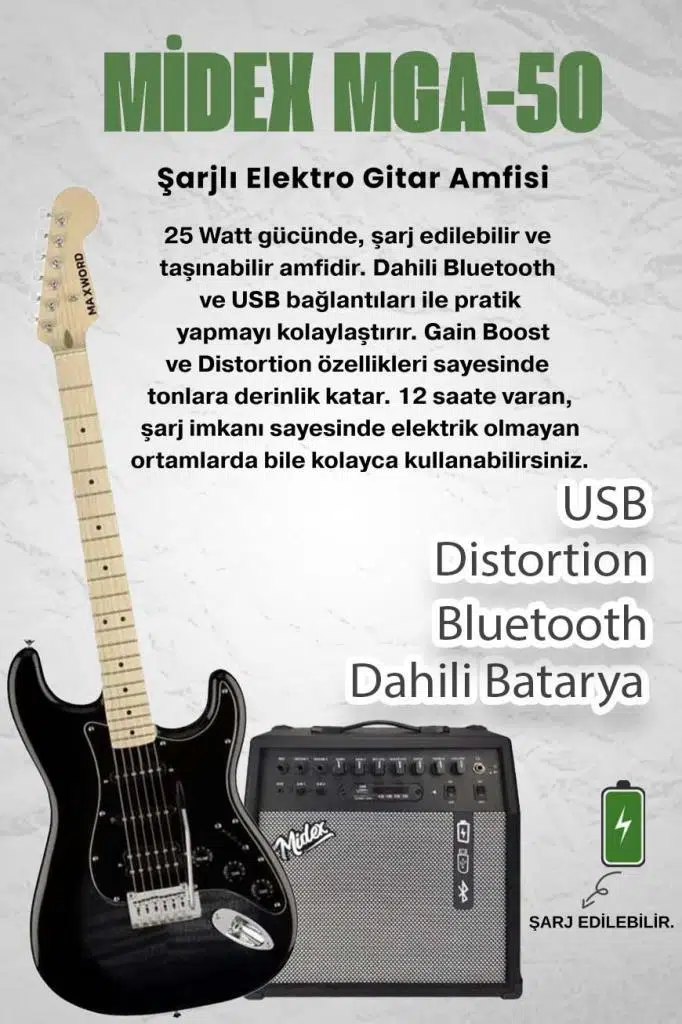 Maxword MAP-45BK-50AMP 50W Şarjlı BT Amfili Siyah Elektro Gitar Seti HSS Manyetik Maple Klavye Strat Kasa Maxword MAP-45BK-50AMP 50W Şarjlı BT Amfili Siyah Elektro Gitar Seti HSS Manyetik Maple Klavye Strat Kasa