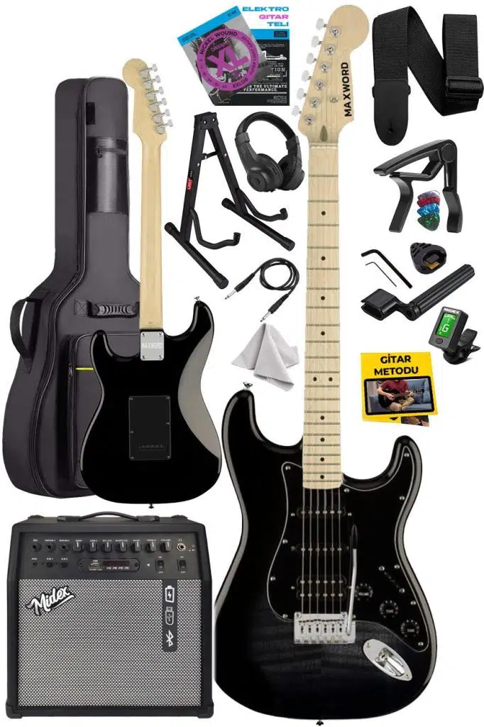 Maxword MAP-45BK-50AMP 50W Şarjlı BT Amfili Siyah Elektro Gitar Seti HSS Manyetik Maple Klavye Strat Kasa Maxword MAP-45BK-50AMP 50W Şarjlı BT Amfili Siyah Elektro Gitar Seti HSS Manyetik Maple Klavye Strat Kasa