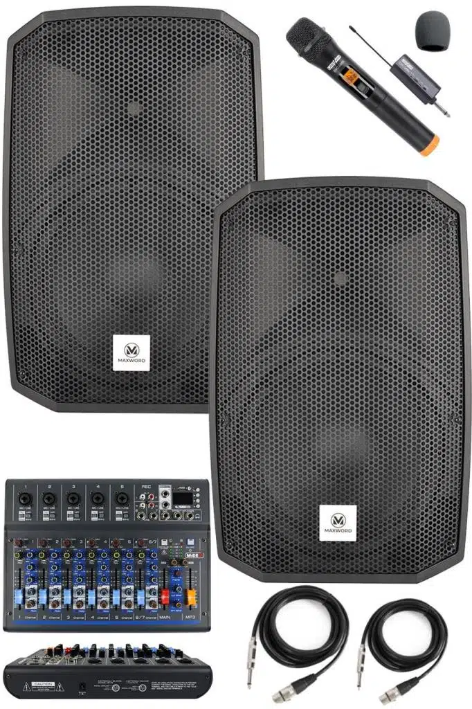 Maxword Maxi-12A-MİXER Set 2 Adet 12 İNÇ Aktif Hoparlör Mikser ve Mikrofon Ses Sistemi (1200W + 1200W)