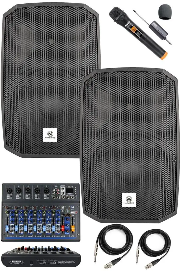 Maxword Maxi-15A-MİXER Set 2 Adet 15 İNÇ Aktif Hoparlör Mikser ve Mikrofon Ses Sistemi (1400W + 1400W)