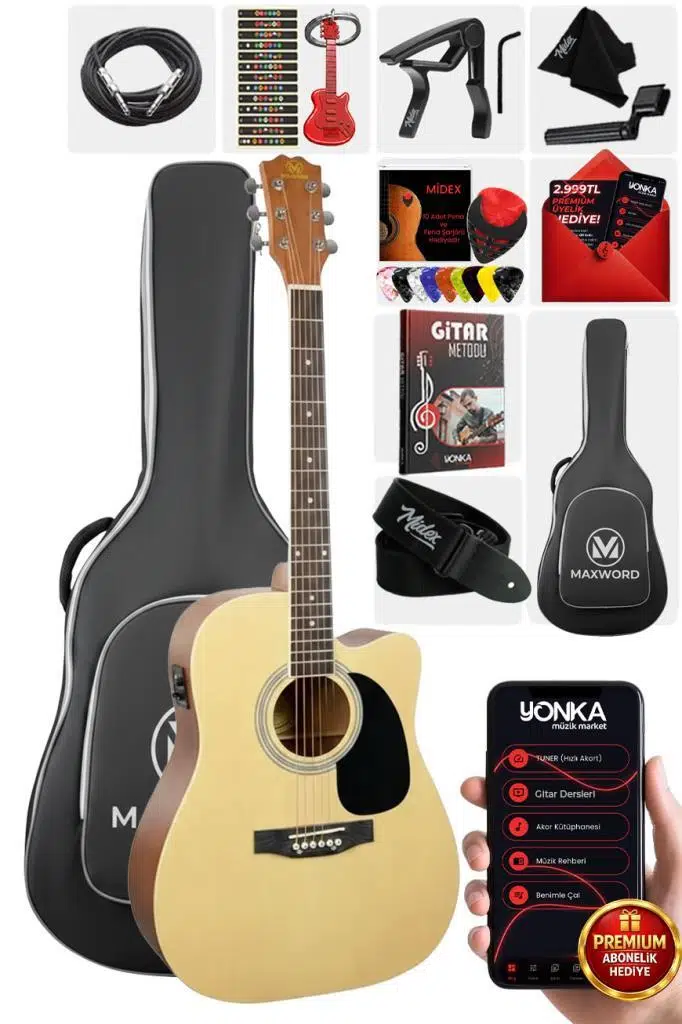 Maxword MCG-750NT Yüksek Kaliteli Ağaç Ekolayzerli Elektro Akustik Gitar Full Set