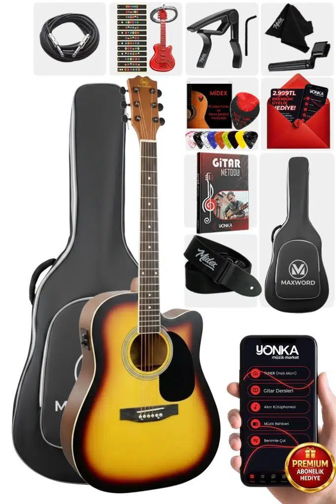 Maxword MCG-750SB Yüksek Kaliteli Ağaç Ekolayzerli Elektro Akustik Gitar Full Set