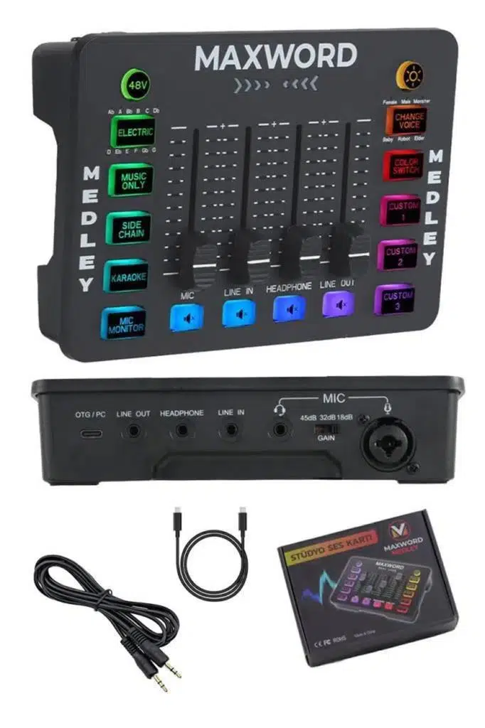 Maxword MEDLEY Gaming Canlı Yayın Stüdyo Kayıt RGB Ses Kartı DJ Mixer (Telefon PC Uyumlu) Maxword MEDLEY Gaming Canlı Yayın Stüdyo Kayıt RGB Ses Kartı DJ Mixer (Telefon PC Uyumlu)