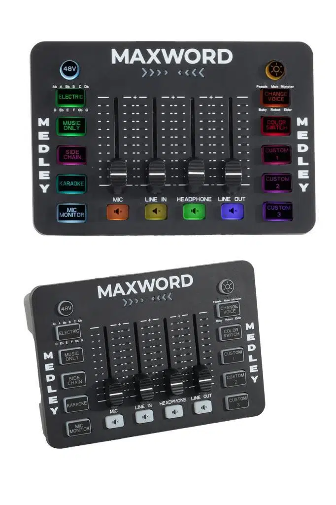 Maxword MEDLEY Gaming Canlı Yayın Stüdyo Kayıt RGB Ses Kartı DJ Mixer (Telefon PC Uyumlu) Maxword MEDLEY Gaming Canlı Yayın Stüdyo Kayıt RGB Ses Kartı DJ Mixer (Telefon PC Uyumlu)