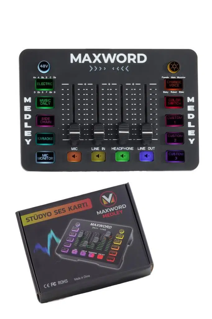 Maxword MEDLEY Gaming Canlı Yayın Stüdyo Kayıt RGB Ses Kartı DJ Mixer (Telefon PC Uyumlu) Maxword MEDLEY Gaming Canlı Yayın Stüdyo Kayıt RGB Ses Kartı DJ Mixer (Telefon PC Uyumlu)