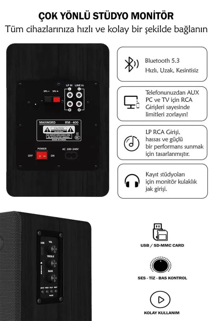 Maxword RM-400BK Aktif Stüdyo Referans Monitörü 4 İNÇ ÇİFT Bluetooth USB 140 Watt Maxword RM-400BK Aktif Stüdyo Referans Monitörü 4 İNÇ ÇİFT Bluetooth USB 140 Watt