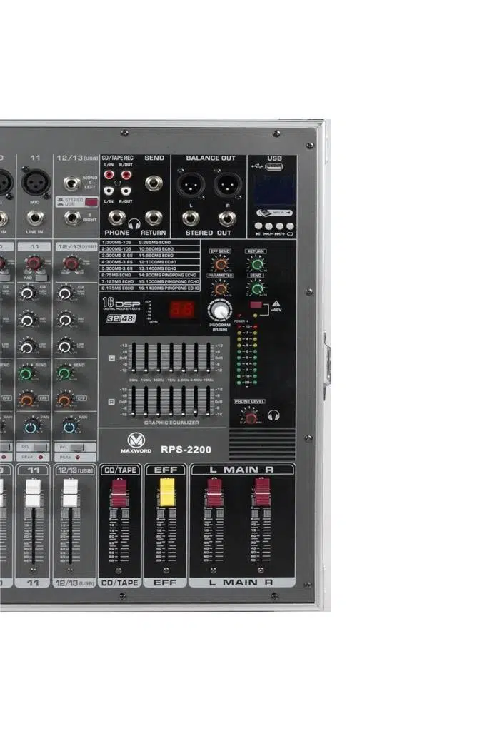 Maxword RPS-2200 Yüksek Güçlü Power Mixer Amfili Mikser 2x1100W 16DSP Efekt (Case'li)