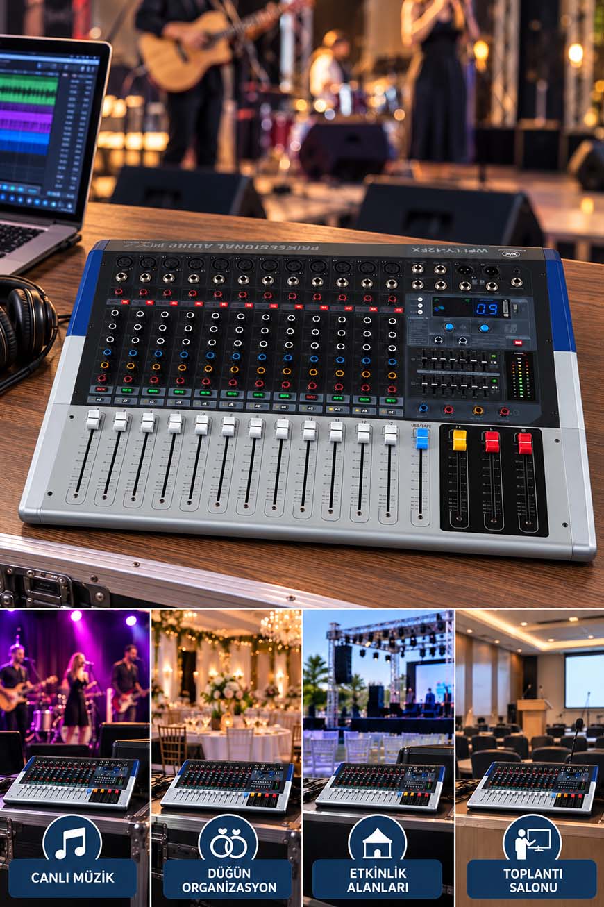 Maxword Welly-12FX Power Mixer 2x800W 12 Kanal 2x7 Bant Ekolayzır 99 DSP Efekt