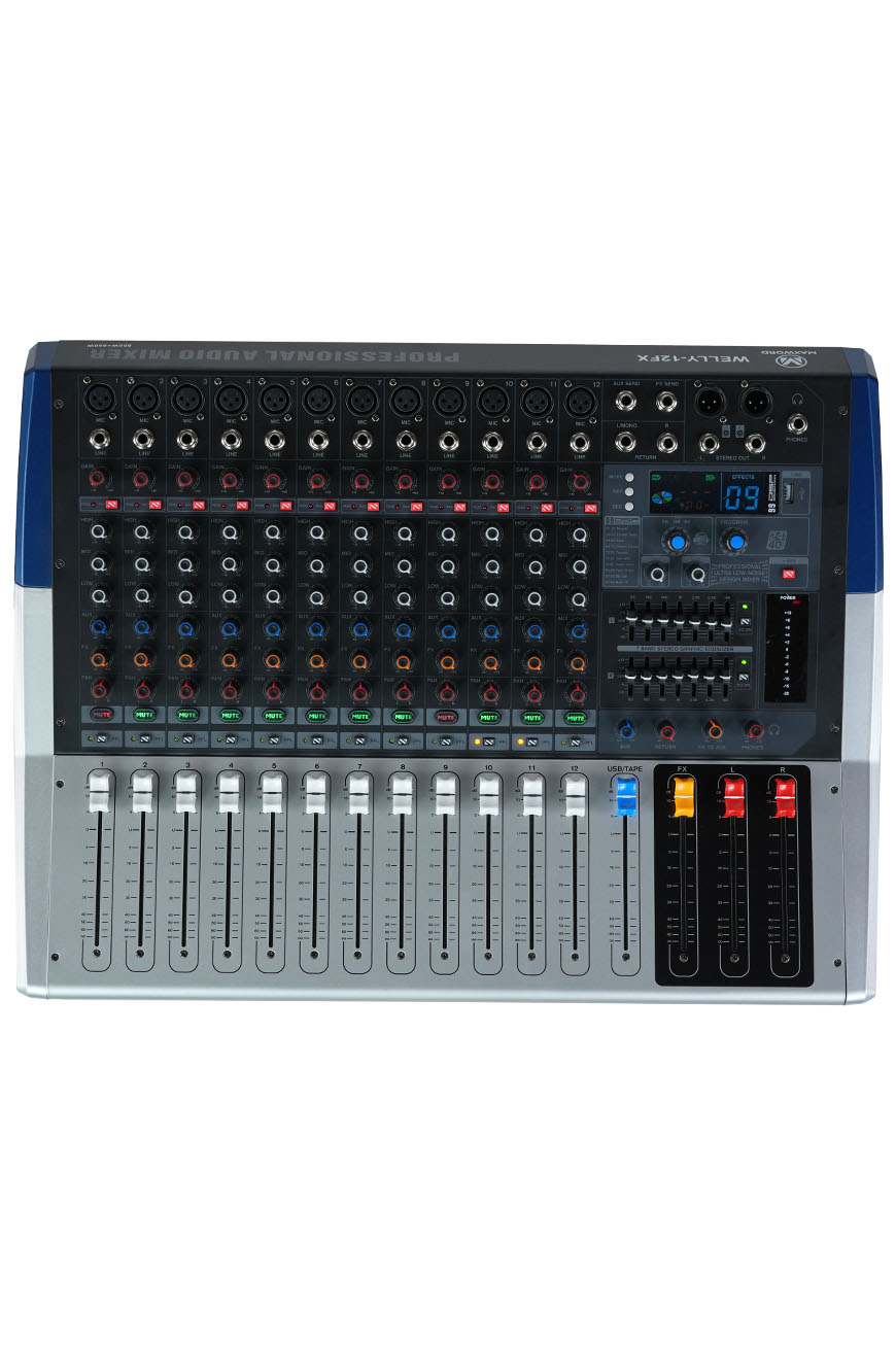 Maxword Welly-12FX Power Mixer 2x800W 12 Kanal 2x7 Bant Ekolayzır 99 DSP Efekt