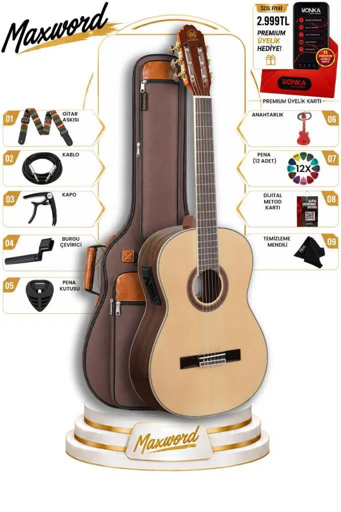 Maxword X45-EQ Ekolayzerli Profesyonel Elektro Klasik Gitar Seti Natural El Yapımı
