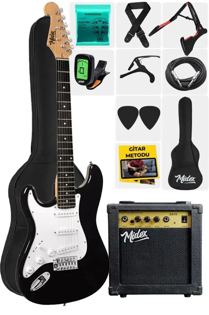 Midex AGE-45 SOLAK Elektro Gitar Seti Amfili ve Full Aksesuar White Black