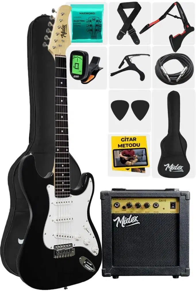 Midex AGE-80BK Amfili Full Elektro Gitar Seti 4/4 Yetişkin 39 İnç White Black