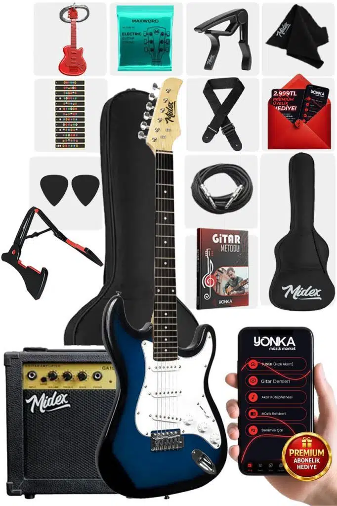Midex AGE-80BL Amfili Full Elektro Gitar Seti 4/4 Yetişkin 39 İnç Blue