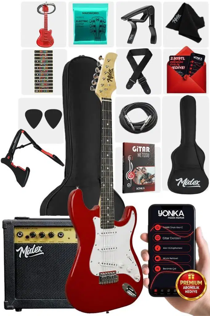 Midex AGE-80RD Amfili Full Elektro Gitar Seti 4/4 Yetişkin 39 İnç RED