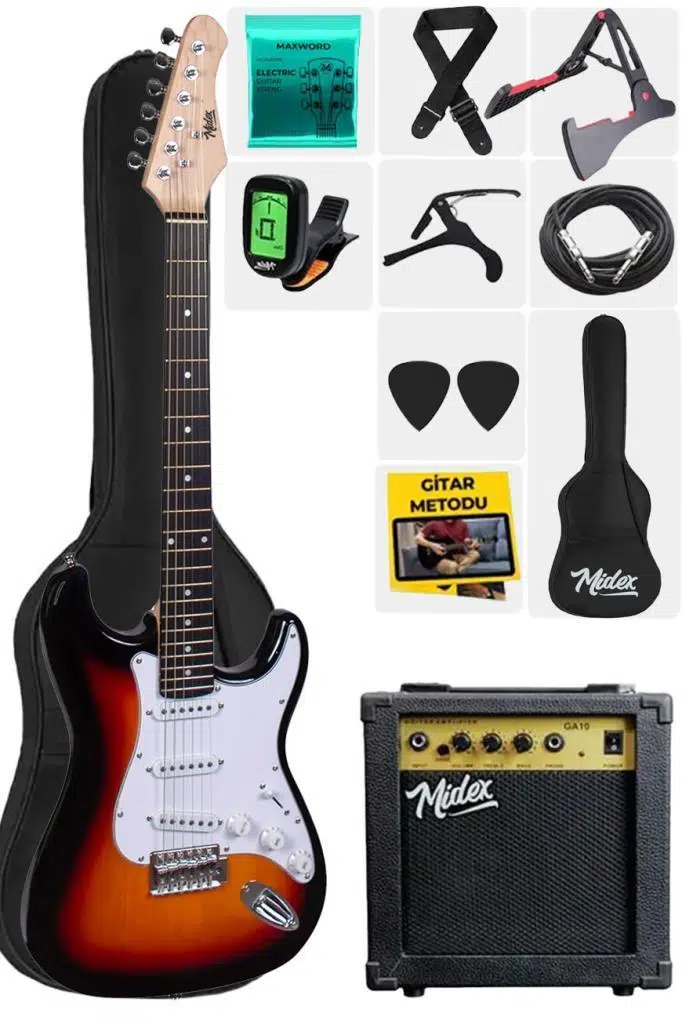 Midex AGE-80SB Amfili Full Elektro Gitar Seti 4/4 Yetişkin 39 İnç Sunburs