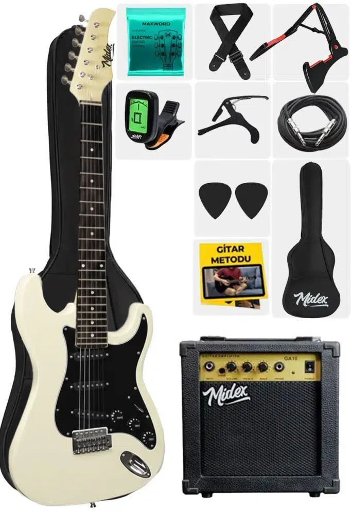 Midex AGE-80WH Amfili Full Elektro Gitar Seti 4/4 Yetişkin 39 İnç White
