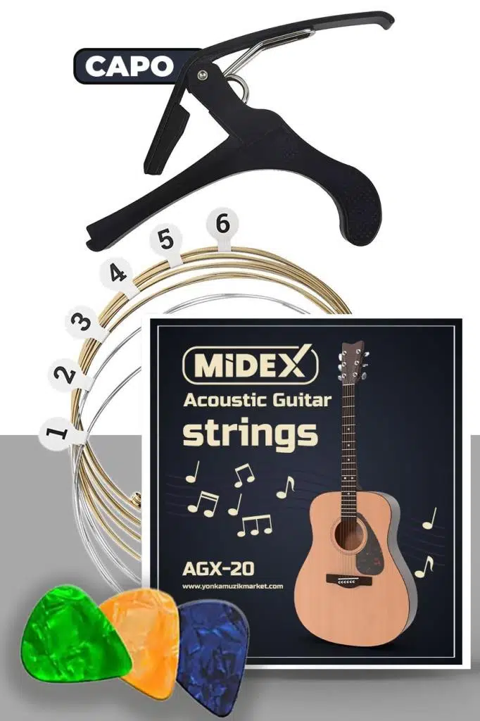 Midex AGX-20C Akustik Gitar Teli Takımı Pena ve Kapo (Capo) Seti Midex AGX-20C Akustik Gitar Teli Takımı Pena ve Kapo (Capo) Seti