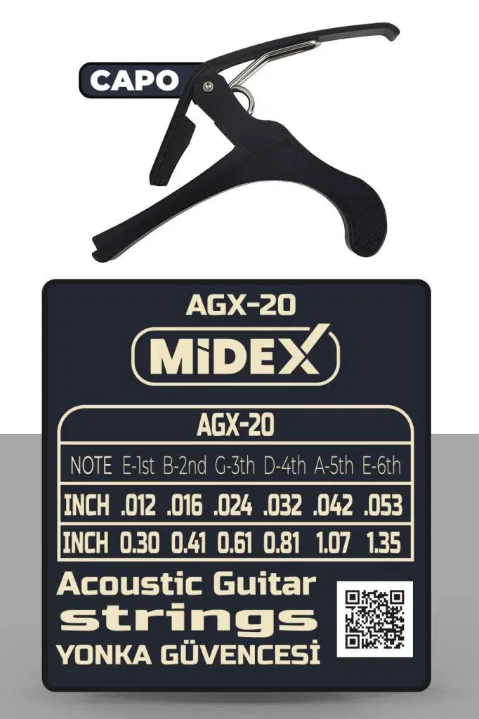 Midex AGX-20C Akustik Gitar Teli Takımı Pena ve Kapo (Capo) Seti Midex AGX-20C Akustik Gitar Teli Takımı Pena ve Kapo (Capo) Seti