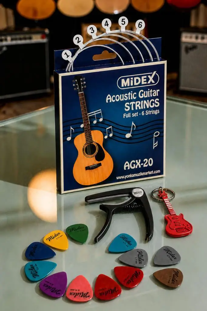 Midex AGX-20C Akustik Gitar Teli Takımı Pena ve Kapo (Capo) Seti