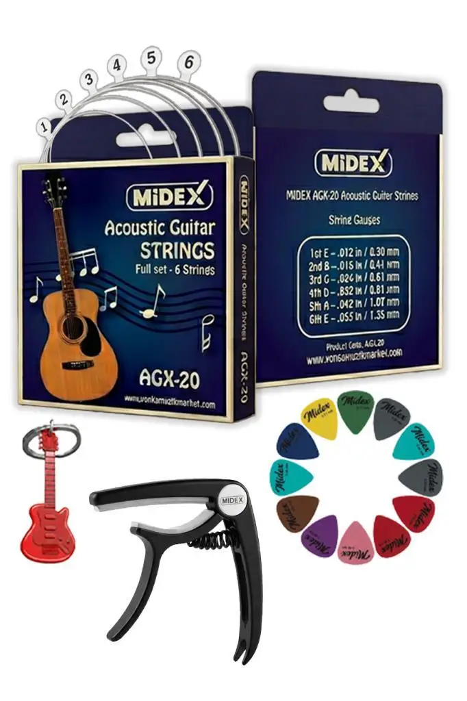 Midex AGX-20C Akustik Gitar Teli Takımı Pena ve Kapo (Capo) Seti