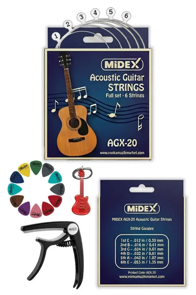 Midex AGX-20C Akustik Gitar Teli Takımı Pena ve Kapo (Capo) Seti