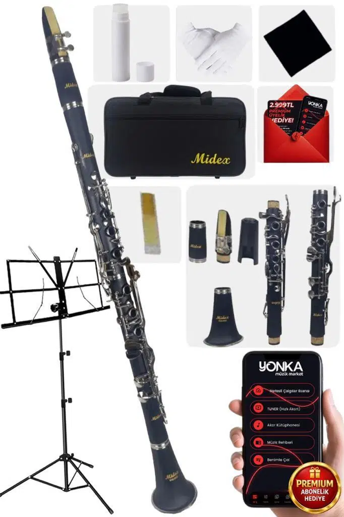 Midex BNS-6000 Sol Klarnet 6 Yüzüklü (Askı Çanta Kamış Bez Eldiven Nota Sehpası)
