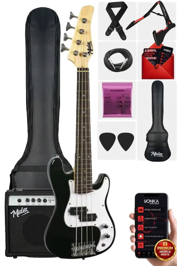 Midex CBG-460BK 46 İNÇ 4/4 Yetişkin Amfili Bas Gitar Seti White Black