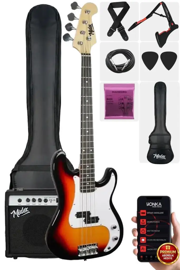 Midex CBG-460SB 46 İNÇ 4/4 Yetişkin Amfili Bas Gitar Seti Sunburs