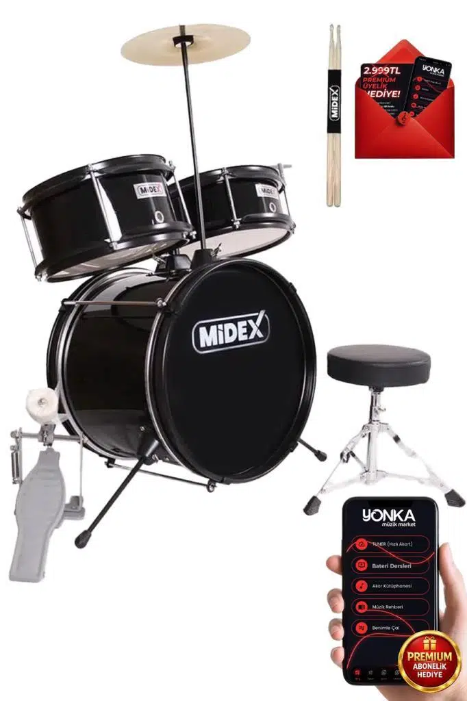 Midex CD300X-BK Akustik Junior Çocuk Baterisi Davulu Seti 5-14 Yaş İçin Full Set