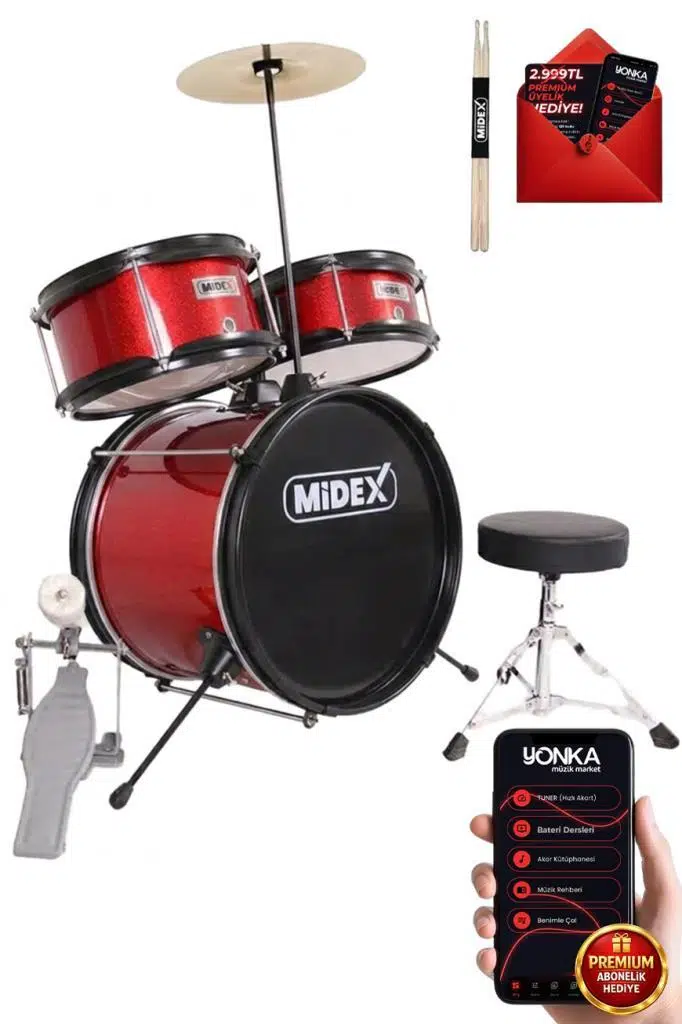 Midex CD300X-RD Akustik Junior Çocuk Baterisi Davulu Seti 5-14 Yaş İçin Full Set